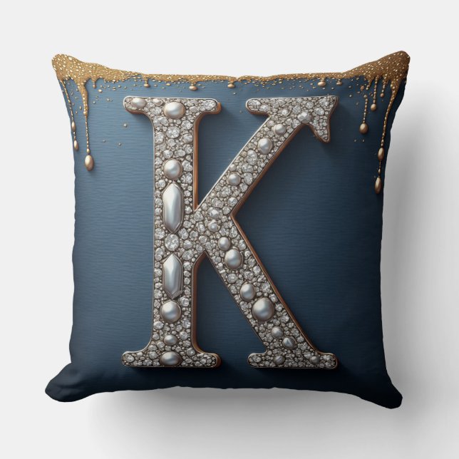 Monogram Letter K Navy Gold Dripping Paint Pearl Cushion (Front)
