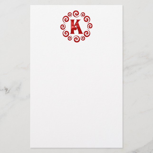 Monogram Letter K Red Stationery (Front)