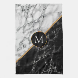 Monogram Letter Kitchen Towel Black White Marble