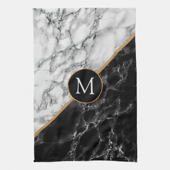 Monogram Letter Kitchen Towel Black White Marble (Vertical)