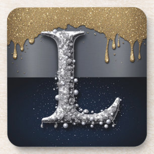 Monogram Letter L Gold Dripping Silver Luxury  Coaster