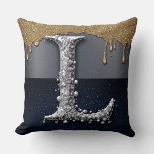 Monogram Letter L Gold Dripping Silver Luxury  Cushion