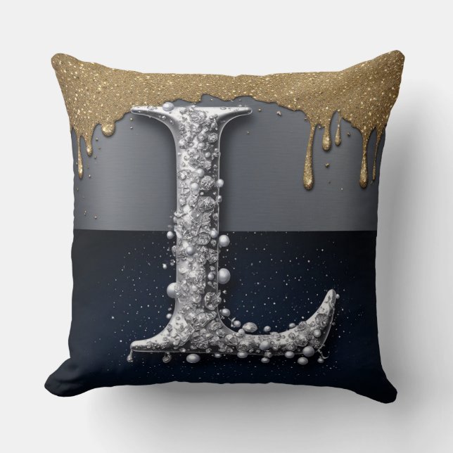 Monogram Letter L Gold Dripping Silver Luxury  Cushion (Front)