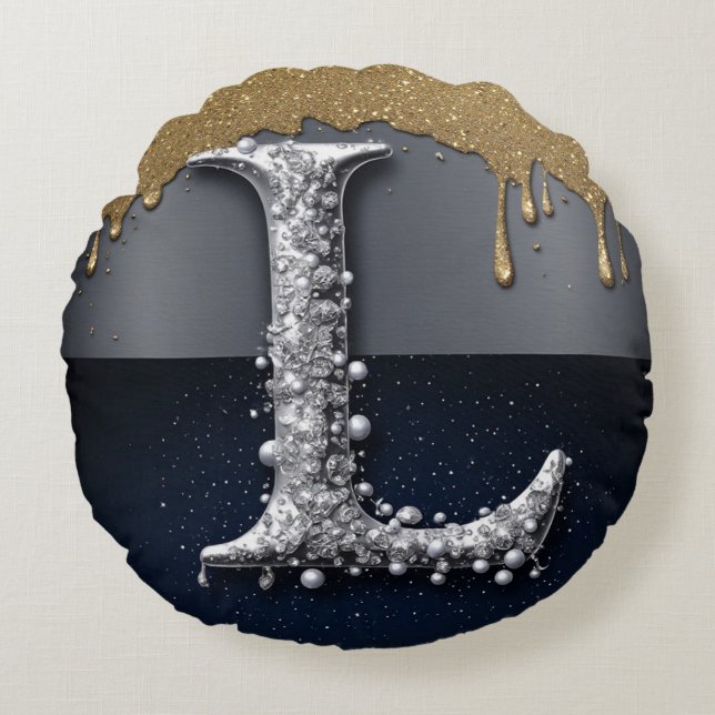 Monogram Letter L Gold Dripping Silver Luxury  Round Cushion (Front)