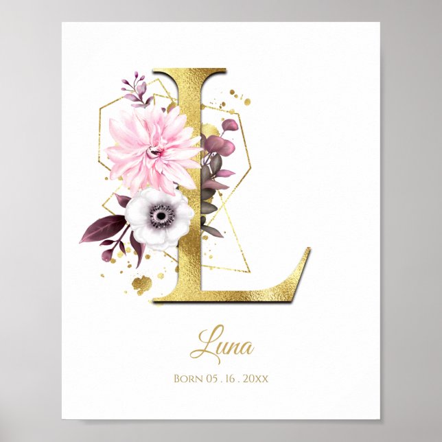 Monogram Letter L Gold Foil & Pink Floral Nursery Poster (Front)