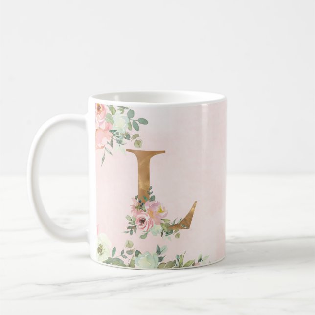 Monogram Letter L Watercolor Floral Coffee Mug (Left)