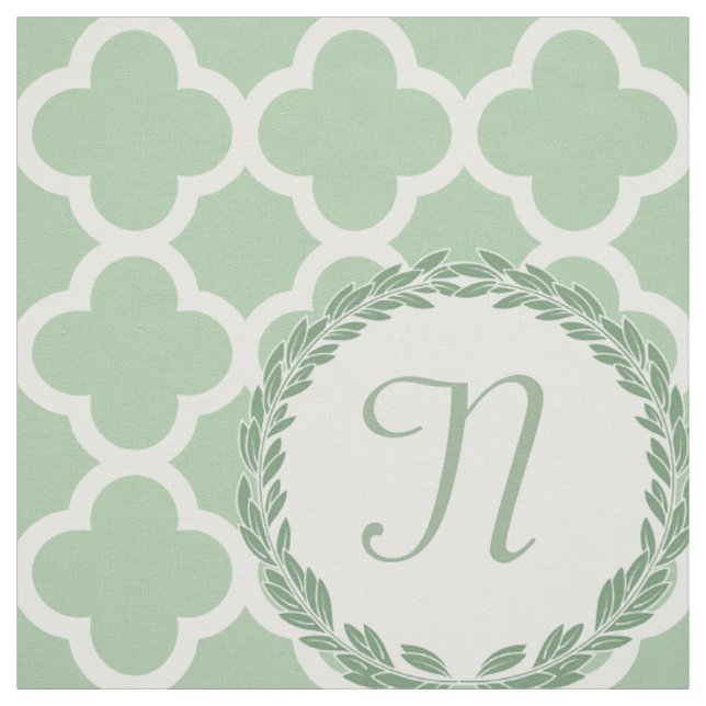 Monogram Letter Light Sage Green Wreath Quatrefoil Fabric (Swatch)