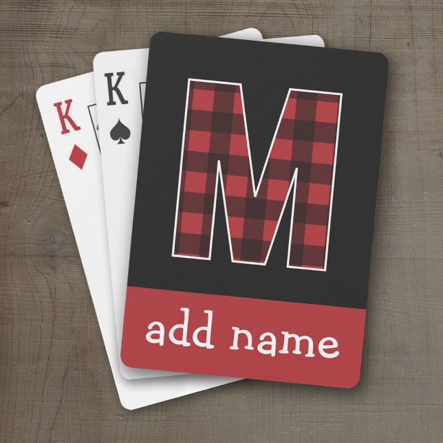 Monogram Letter M - Black and Red Buffalo Plaid Playing Cards (Personalized Playing Cards - Large Monogram)