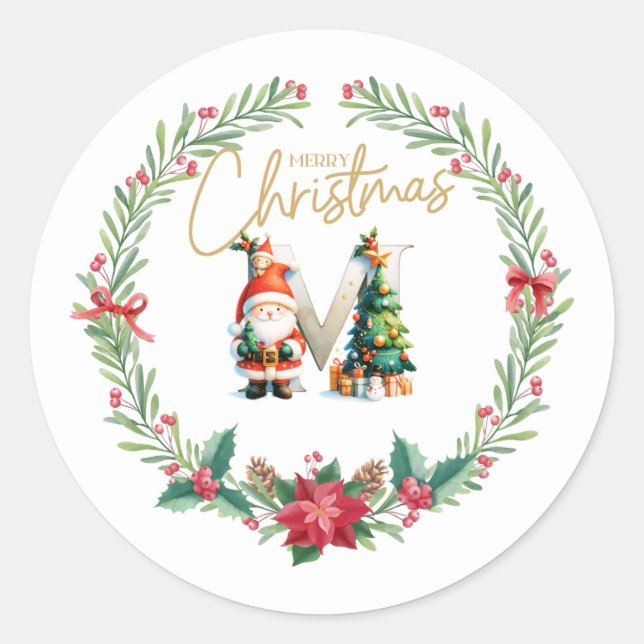 Monogram letter M, Christmas Wreath w/ Santa Claus Classic Round Sticker (Front)