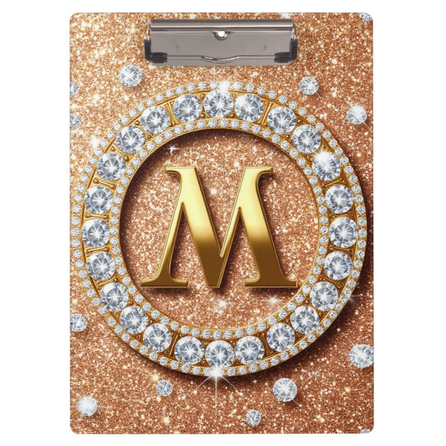 Monogram Letter M on Rose Gold Glitter Background Clipboard (Front)