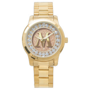 Monogram Letter M on Rose Gold Glitter Background Watch