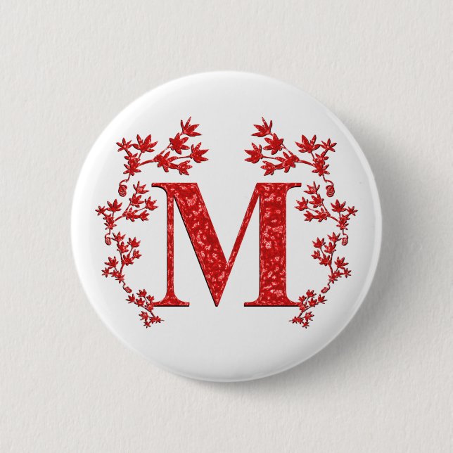 Monogram Letter M Red Leaves 6 Cm Round Badge (Front)