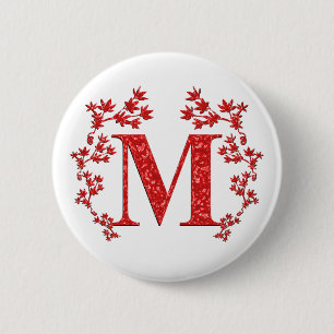 Monogram Letter M Red Leaves 6 Cm Round Badge