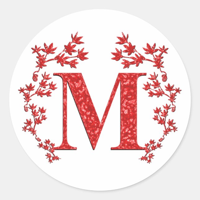 Monogram Letter M Red Leaves Classic Round Sticker (Front)