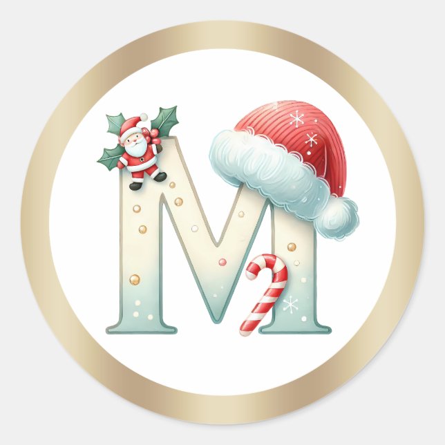Monogram letter M, Santa hat Christmas Sticker (Front)