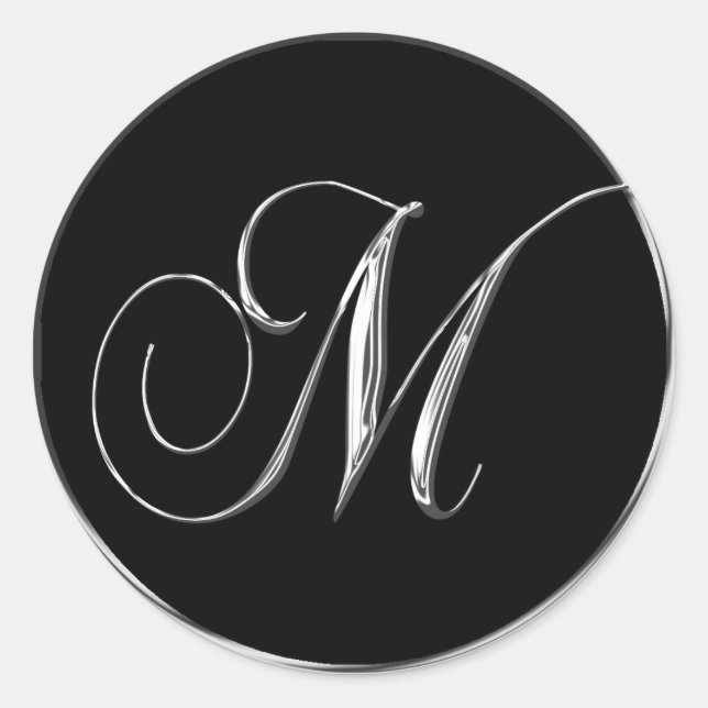 Monogram Letter M Sliver On Black Wedding Seal (Front)