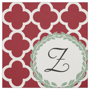 Monogram Letter Maroon Wine Sage Green Quatrefoil Fabric