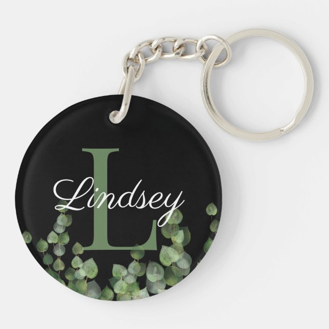 Monogram Letter Name Eucalyptus Acrylic Keychain (Back)