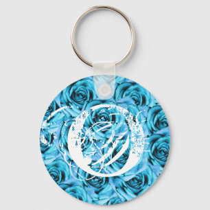 Monogram Letter O Ice Blue Roses Keychain