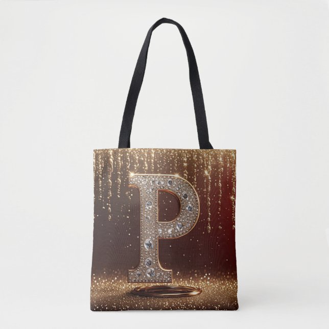 Monogram Letter P Gold Glitter Initial Gift Tote Bag (Front)