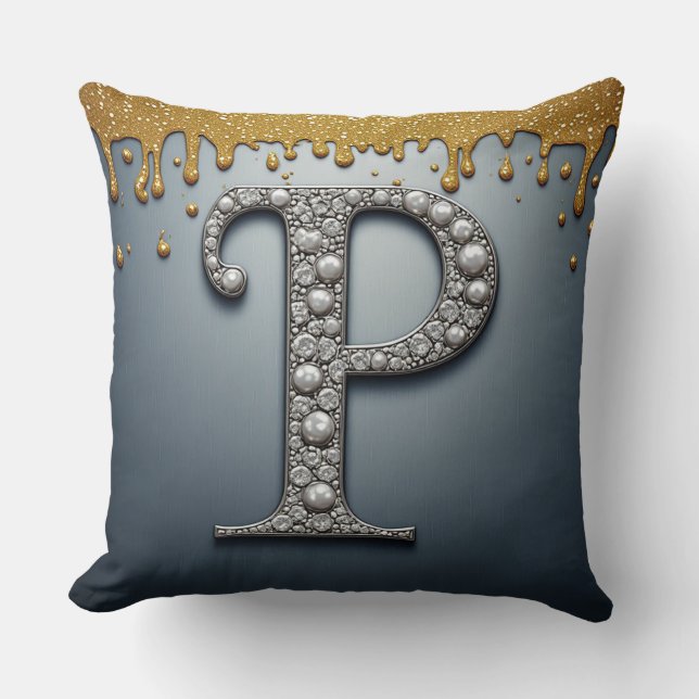 Monogram Letter P Navy Gold Dripping Paint Cushion (Front)