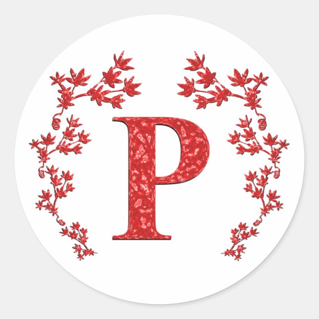 Monogram Letter P Red Leaves Classic Round Sticker (Front)