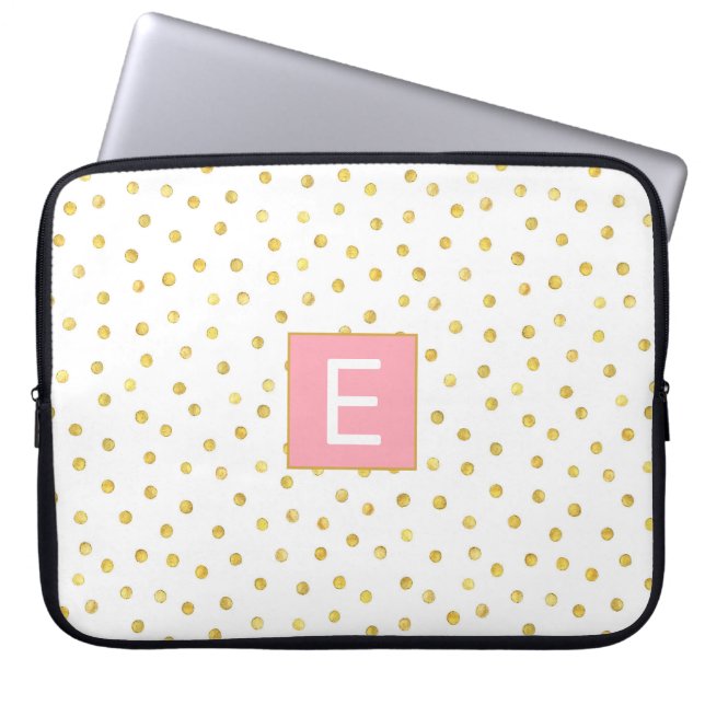 Monogram Letter Pink Gold Polka Dot Pattern Girly Laptop Sleeve (Front)