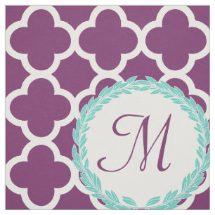 Monogram Letter Purple Teal Laurel Quatrefoil Fabric