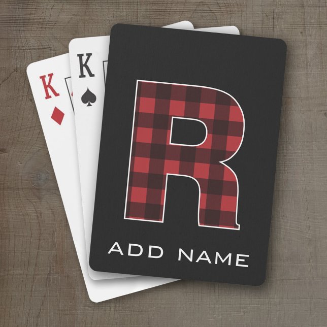 Monogram Letter R - Black and Red Buffalo Plaid Playing Cards (Personalized Playing Cards - Large Monogram)