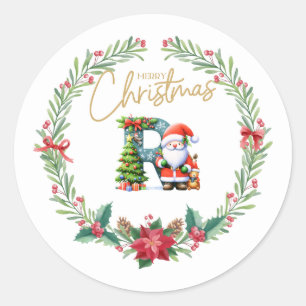 Monogram letter R, Christmas Wreath w/ Santa Claus Classic Round Sticker