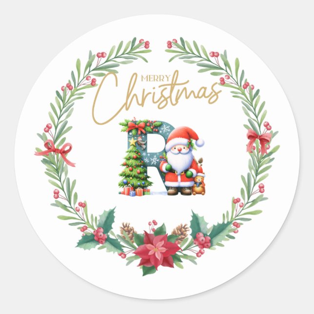 Monogram letter R, Christmas Wreath w/ Santa Claus Classic Round Sticker (Front)