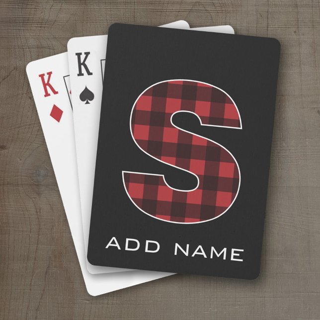 Monogram Letter S - Black and Red Buffalo Plaid Playing Cards (Personalized Playing Cards - Large Monogram)