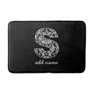 Monogram Letter S - Black and White Damask Bath Mat