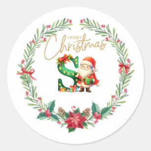 Monogram letter S, Christmas Wreath w/ Santa Clue  Classic Round Sticker