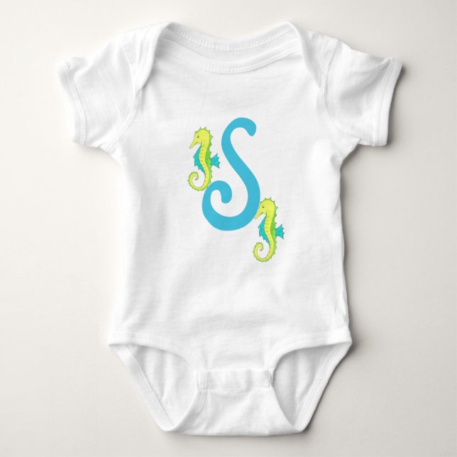 Monogram Letter S Monogrammed Seahorse Sea Horse Baby Bodysuit (Front)