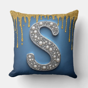 Monogram Letter S Navy Gold Dripping Paint Cushion