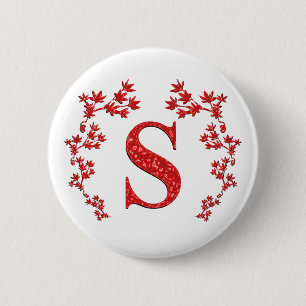 Monogram Letter S Red Leaves 6 Cm Round Badge