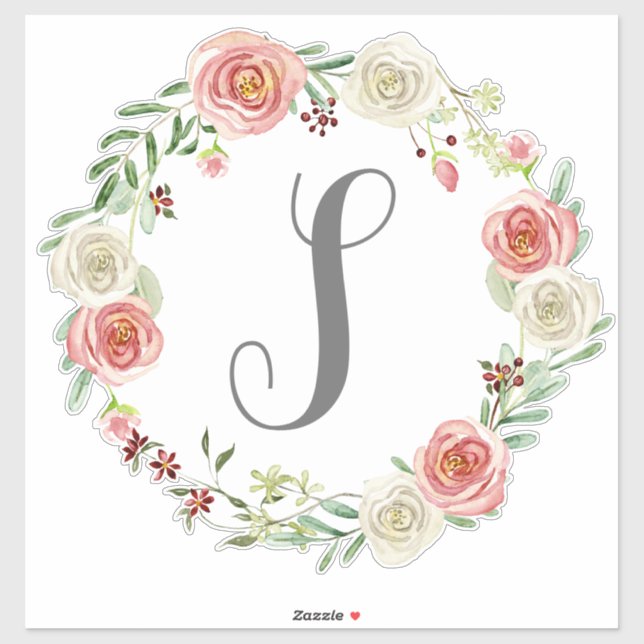 Monogram Letter S Watercolor Rose Floral Wreath (Sheet)