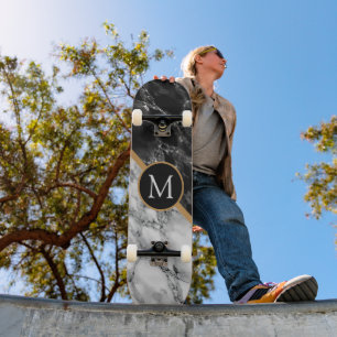 Monogram Letter Skateboard Gift Black White Marble