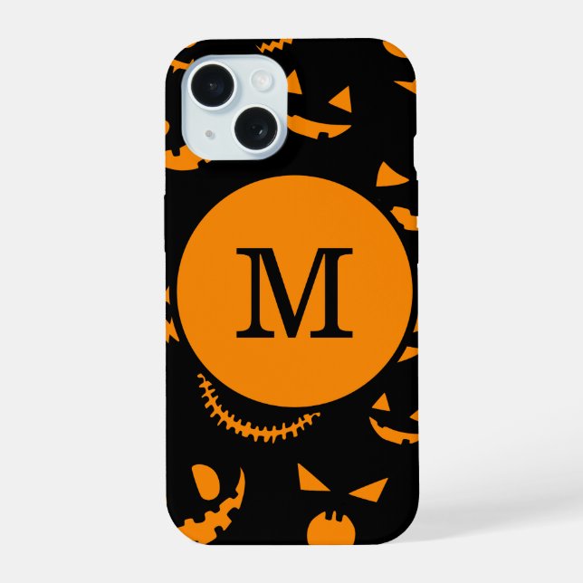 Monogram Letter Spooky Jack O Lantern Faces iPhone 15 Case (Back)