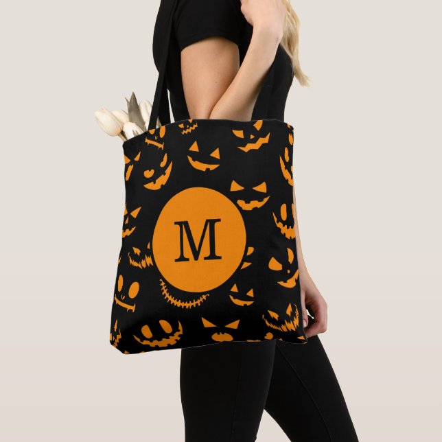 Monogram Letter Spooky Jack O Lantern Faces Tote Bag (Close Up)