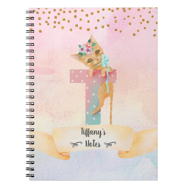 Monogram Letter T Kitten Girl Homeschool Study Notebook (Front)