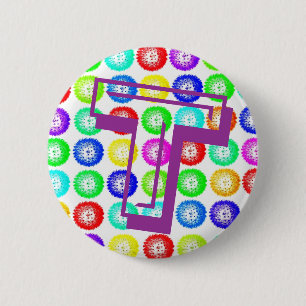 Monogram Letter T Multicolor Dandelions Button