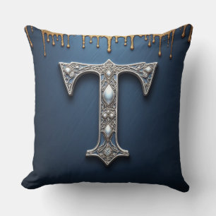 Monogram Letter T Navy Gold Dripping Paint Cushion