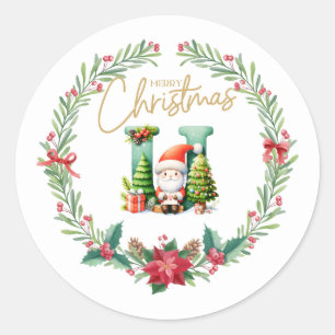 Monogram letter U, Christmas Wreath w/ Santa Claus Classic Round Sticker