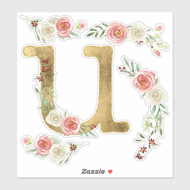 Monogram Letter U Pink Rose Floral Leaf Watercolor (Sheet)