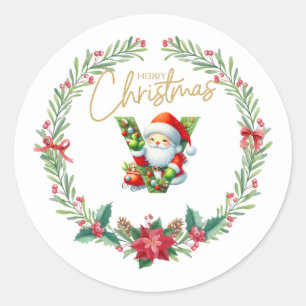 Monogram letter V, Christmas Wreath w/ Santa Claus Classic Round Sticker
