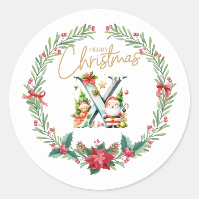 Monogram letter X, Christmas Wreath w/ Santa Claus Classic Round Sticker (Front)
