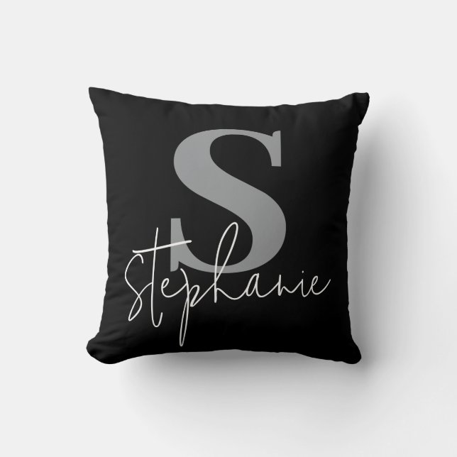 Monogram Lettered Script Silver Black Throw Pillow (Front)