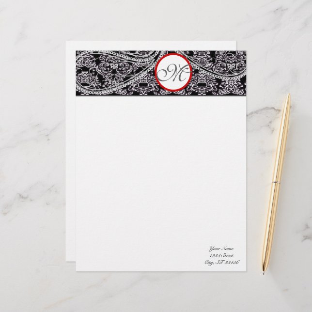 Monogram Letterhead Black and Grey Paisley (Front/Back In Situ)